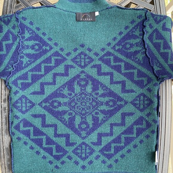 Vintage Bogner - Nordic Ski Sweater - 100% Wool - Geometric Navy Blue and Green - Picture 2 of 16